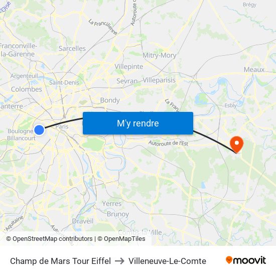 Champ de Mars Tour Eiffel to Villeneuve-Le-Comte map