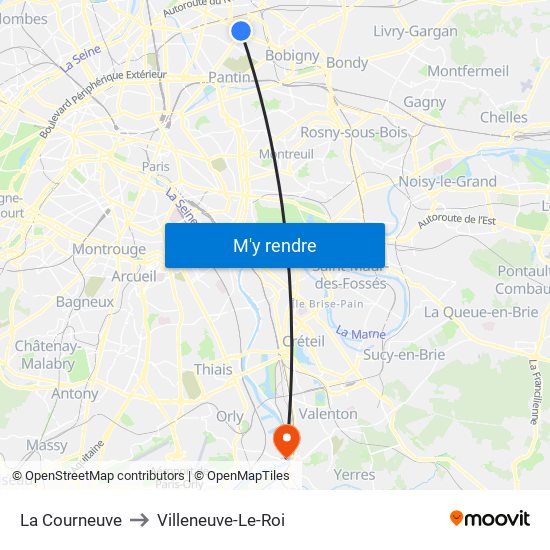 La Courneuve to Villeneuve-Le-Roi map