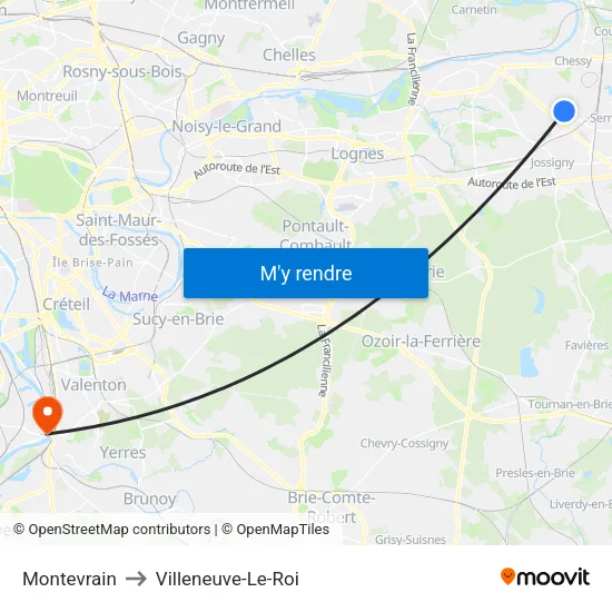Montevrain to Villeneuve-Le-Roi map
