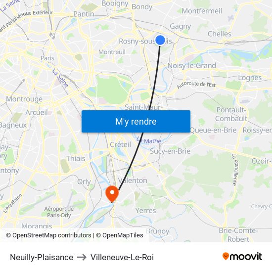 Neuilly-Plaisance to Villeneuve-Le-Roi map