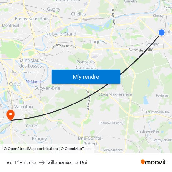 Val D'Europe to Villeneuve-Le-Roi map