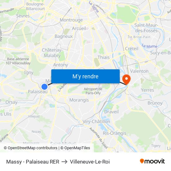 Massy - Palaiseau RER to Villeneuve-Le-Roi map