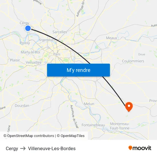 Cergy to Villeneuve-Les-Bordes map