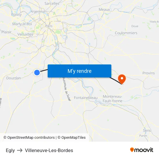 Egly to Villeneuve-Les-Bordes map