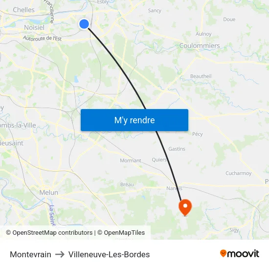 Montevrain to Villeneuve-Les-Bordes map