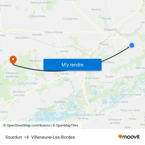 Sourdun to Villeneuve-Les-Bordes map