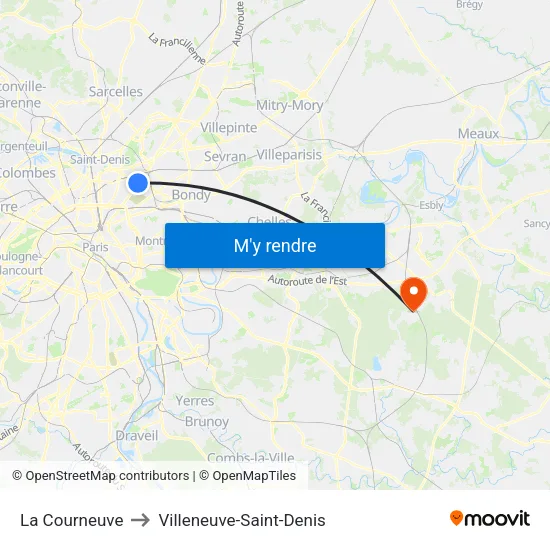 La Courneuve to Villeneuve-Saint-Denis map