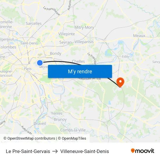 Le Pre-Saint-Gervais to Villeneuve-Saint-Denis map