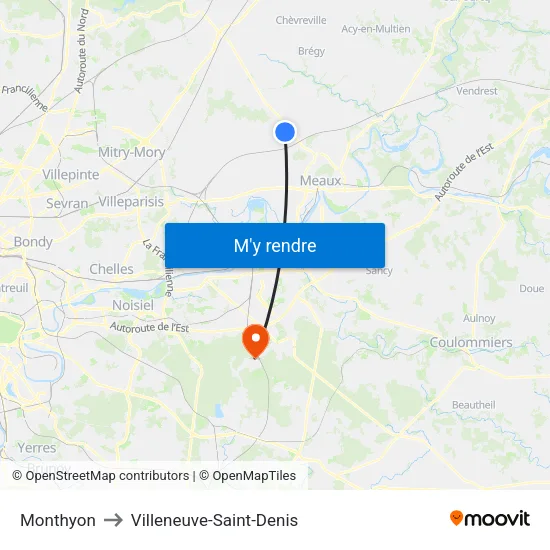 Monthyon to Villeneuve-Saint-Denis map