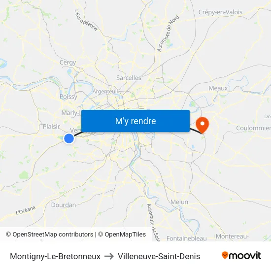 Montigny-Le-Bretonneux to Villeneuve-Saint-Denis map