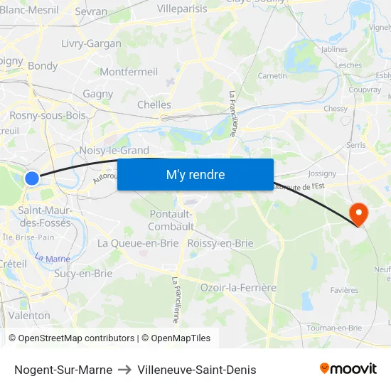 Nogent-Sur-Marne to Villeneuve-Saint-Denis map