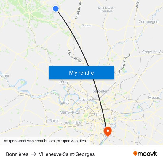 Bonnières to Villeneuve-Saint-Georges map