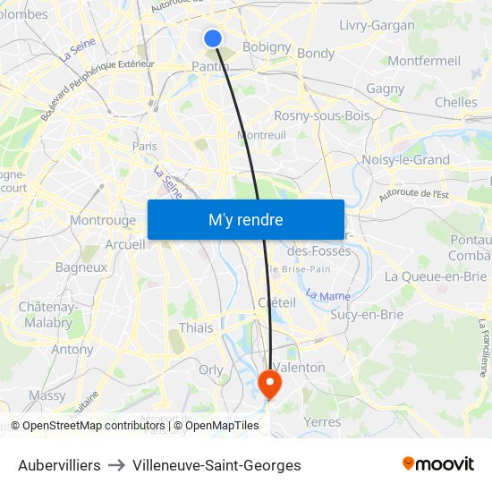 Aubervilliers to Villeneuve-Saint-Georges map