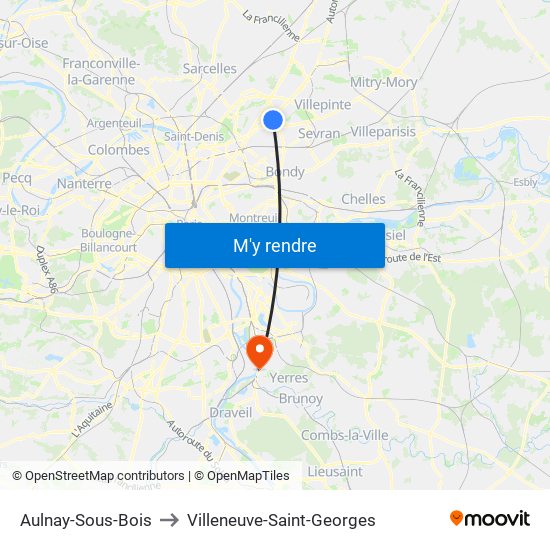 Aulnay-Sous-Bois to Villeneuve-Saint-Georges map