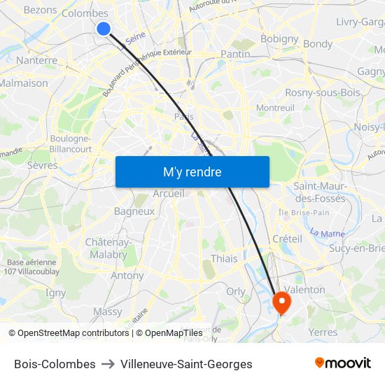 Bois-Colombes to Villeneuve-Saint-Georges map