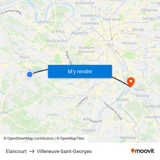 Elancourt to Villeneuve-Saint-Georges map