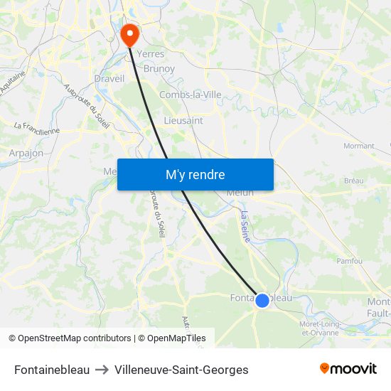 Fontainebleau to Villeneuve-Saint-Georges map