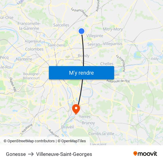 Gonesse to Villeneuve-Saint-Georges map