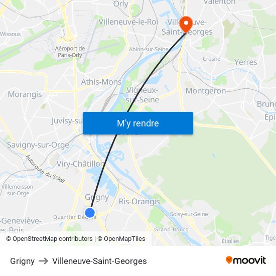 Grigny to Villeneuve-Saint-Georges map