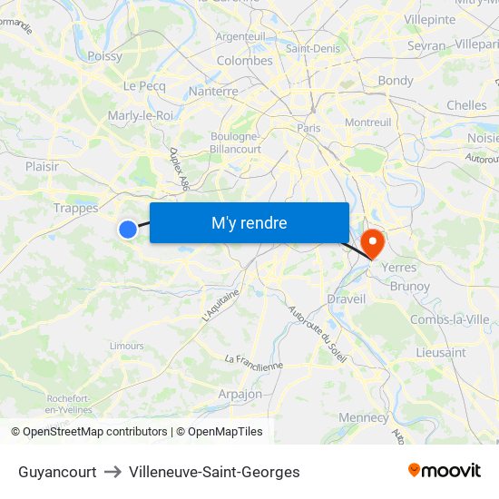 Guyancourt to Villeneuve-Saint-Georges map