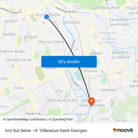 Ivry-Sur-Seine to Villeneuve-Saint-Georges map