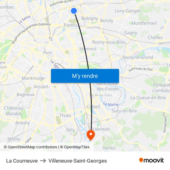 La Courneuve to Villeneuve-Saint-Georges map