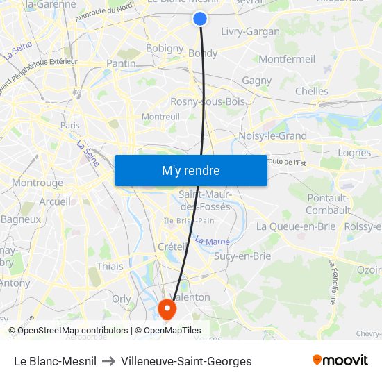 Le Blanc-Mesnil to Villeneuve-Saint-Georges map