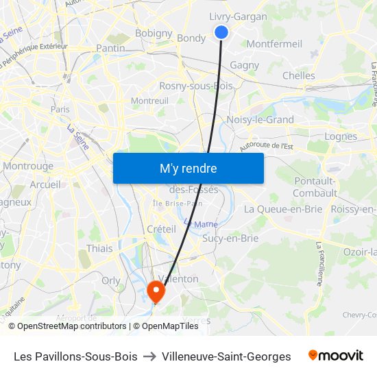 Les Pavillons-Sous-Bois to Villeneuve-Saint-Georges map