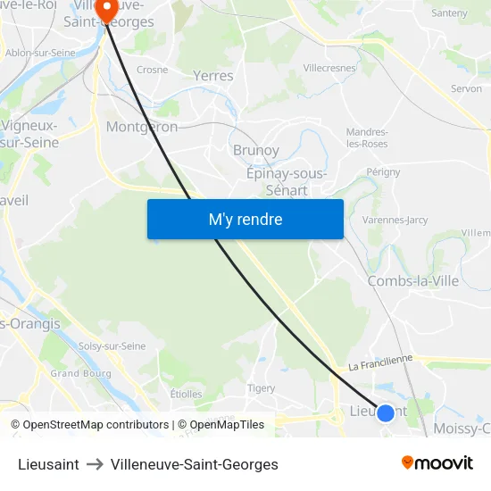 Lieusaint to Villeneuve-Saint-Georges map