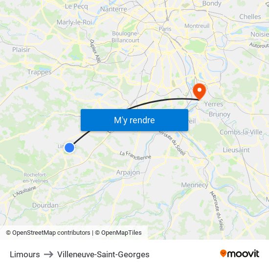 Limours to Villeneuve-Saint-Georges map