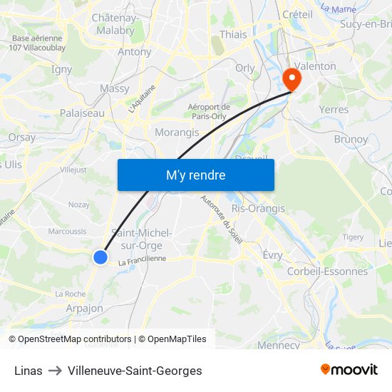 Linas to Villeneuve-Saint-Georges map