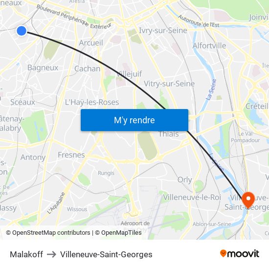 Malakoff to Villeneuve-Saint-Georges map