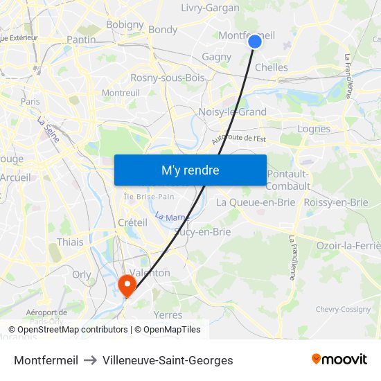 Montfermeil to Villeneuve-Saint-Georges map