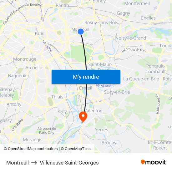 Montreuil to Villeneuve-Saint-Georges map