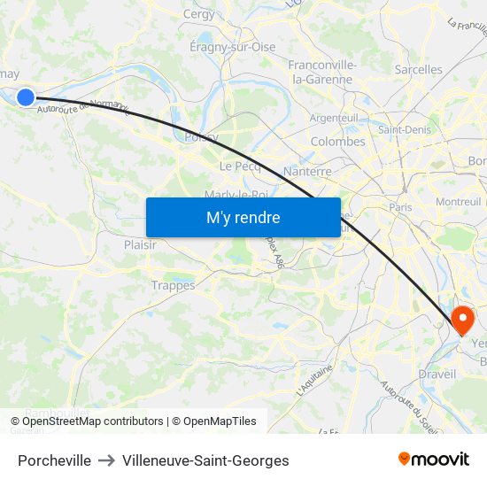 Porcheville to Villeneuve-Saint-Georges map