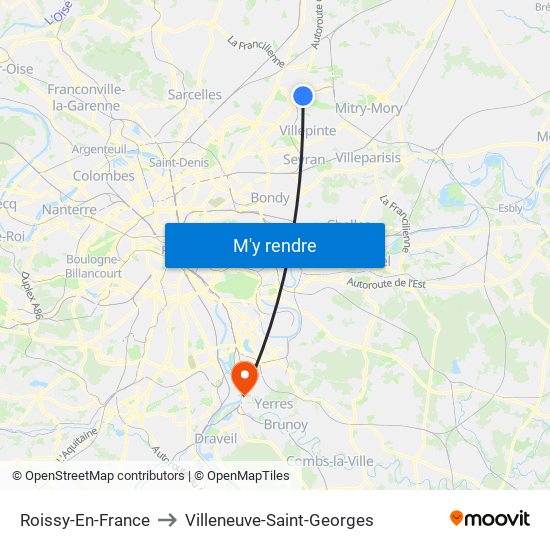 Roissy-En-France to Villeneuve-Saint-Georges map