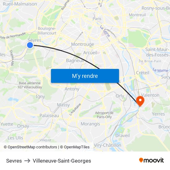 Sevres to Villeneuve-Saint-Georges map