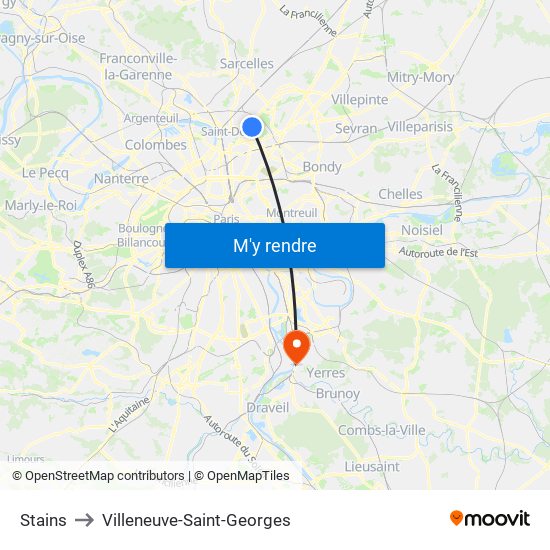 Stains to Villeneuve-Saint-Georges map
