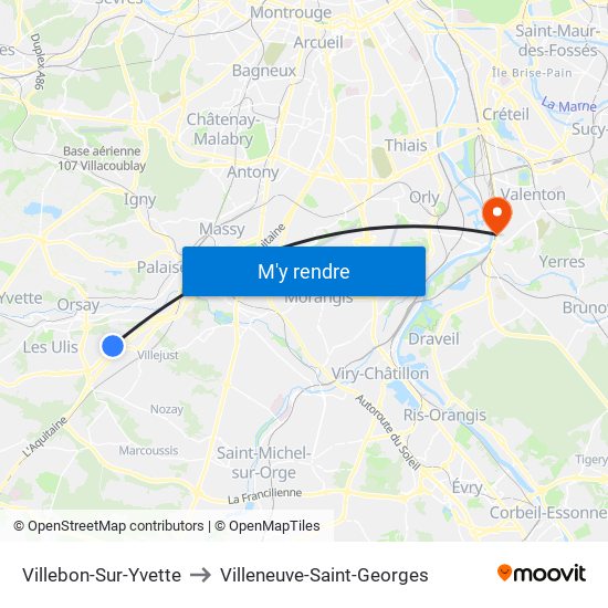 Villebon-Sur-Yvette to Villeneuve-Saint-Georges map