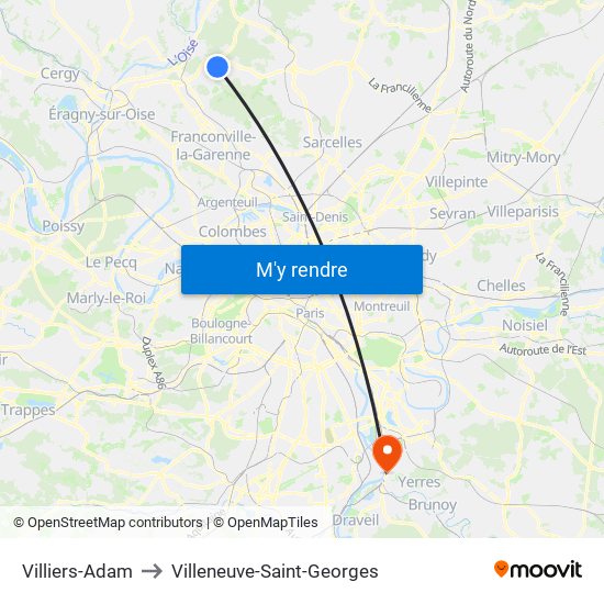 Villiers-Adam to Villeneuve-Saint-Georges map