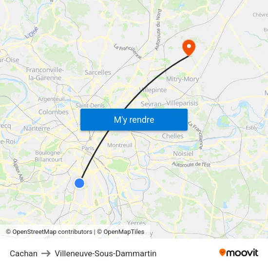 Cachan to Villeneuve-Sous-Dammartin map