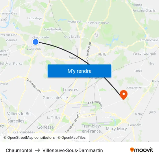 Chaumontel to Villeneuve-Sous-Dammartin map
