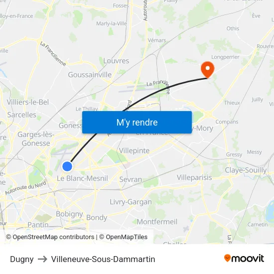 Dugny to Villeneuve-Sous-Dammartin map