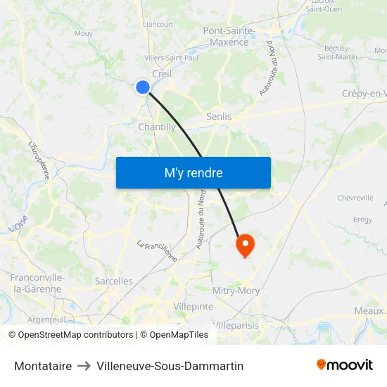 Montataire to Villeneuve-Sous-Dammartin map