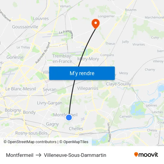Montfermeil to Villeneuve-Sous-Dammartin map