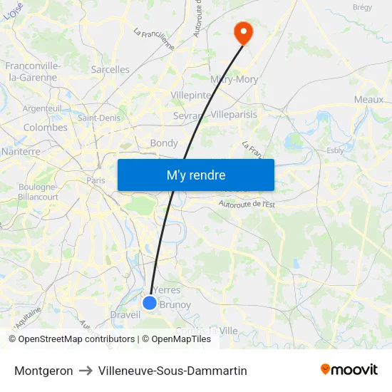 Montgeron to Villeneuve-Sous-Dammartin map