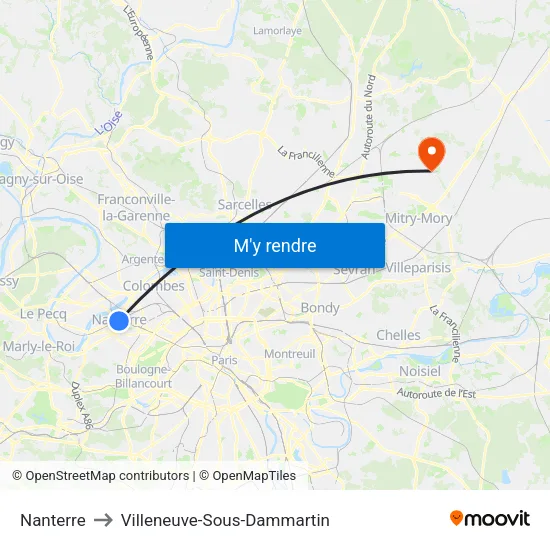 Nanterre to Villeneuve-Sous-Dammartin map