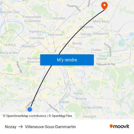 Nozay to Villeneuve-Sous-Dammartin map