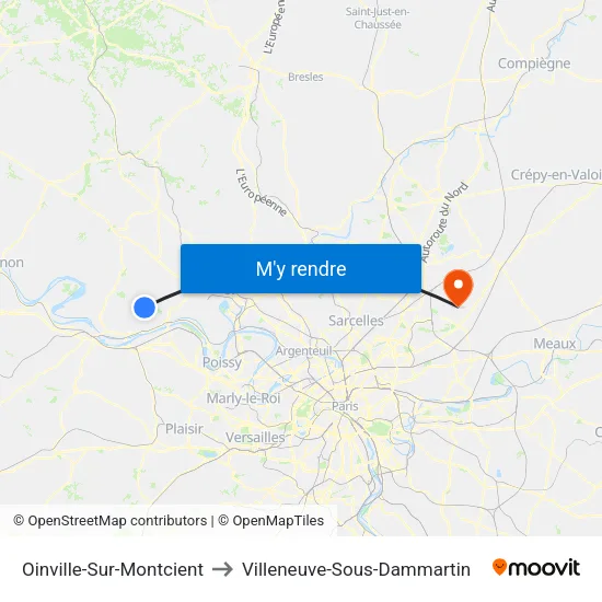 Oinville-Sur-Montcient to Villeneuve-Sous-Dammartin map