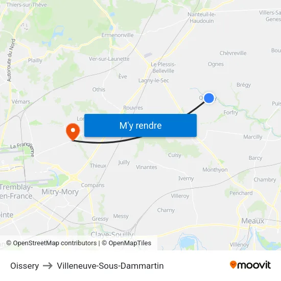 Oissery to Villeneuve-Sous-Dammartin map